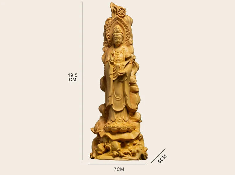 Ruyi Guanyin Buddha Statue Buddhism Worship Ornaments Solid Wood Folk Hand-carved Crafts