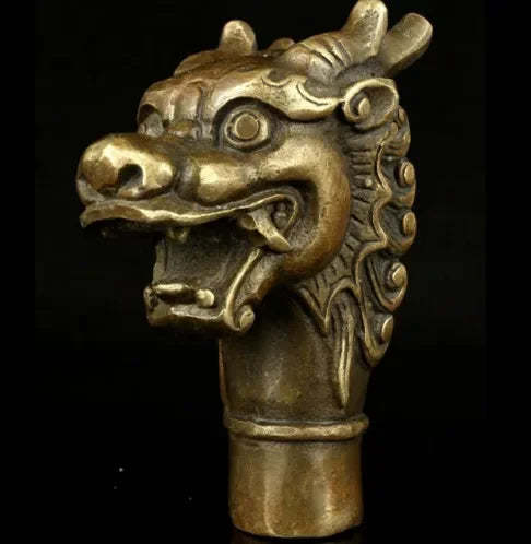 Handwork Carving Bronze Fierce Dragon Statue Cane Walking Stick Amulet