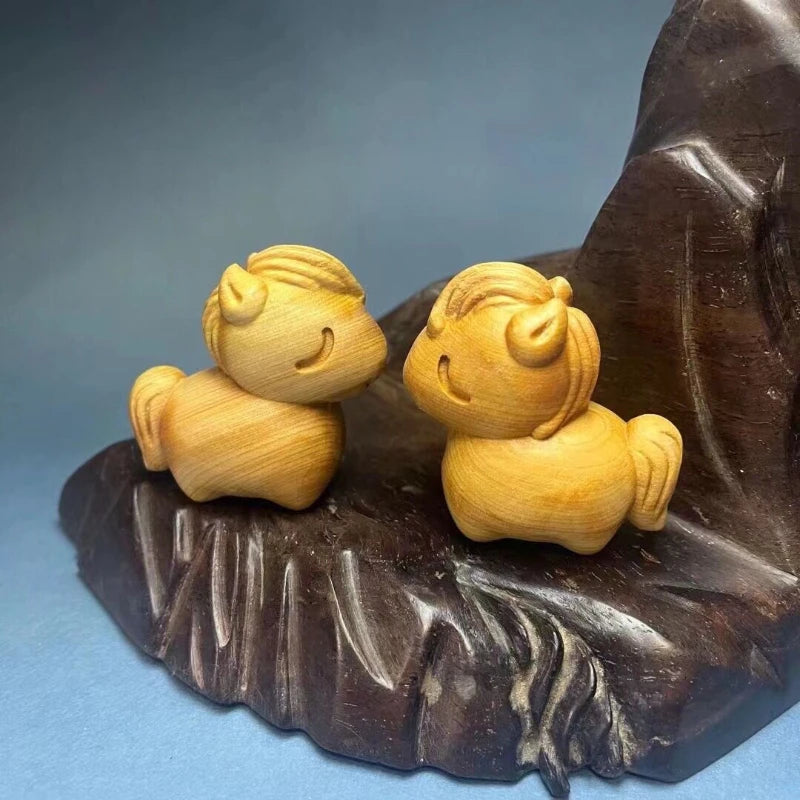 Cliff Cypress Wood Carved【Bring Wealth and Good Luck 】Cute Pony Home Decoration Office Accessories Car Ornaments Handicrafts