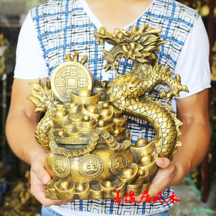 Large company shop home Mascot Talisman Protection bring wealth fortune Dragon GOLD CHINESE FENG SHUI Brass statue