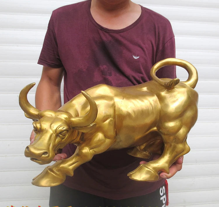 40CM large office home shop company Porch lobby thriving business Money Drawing Mascot# gold cattle bull FENG SHUI Brass statue
