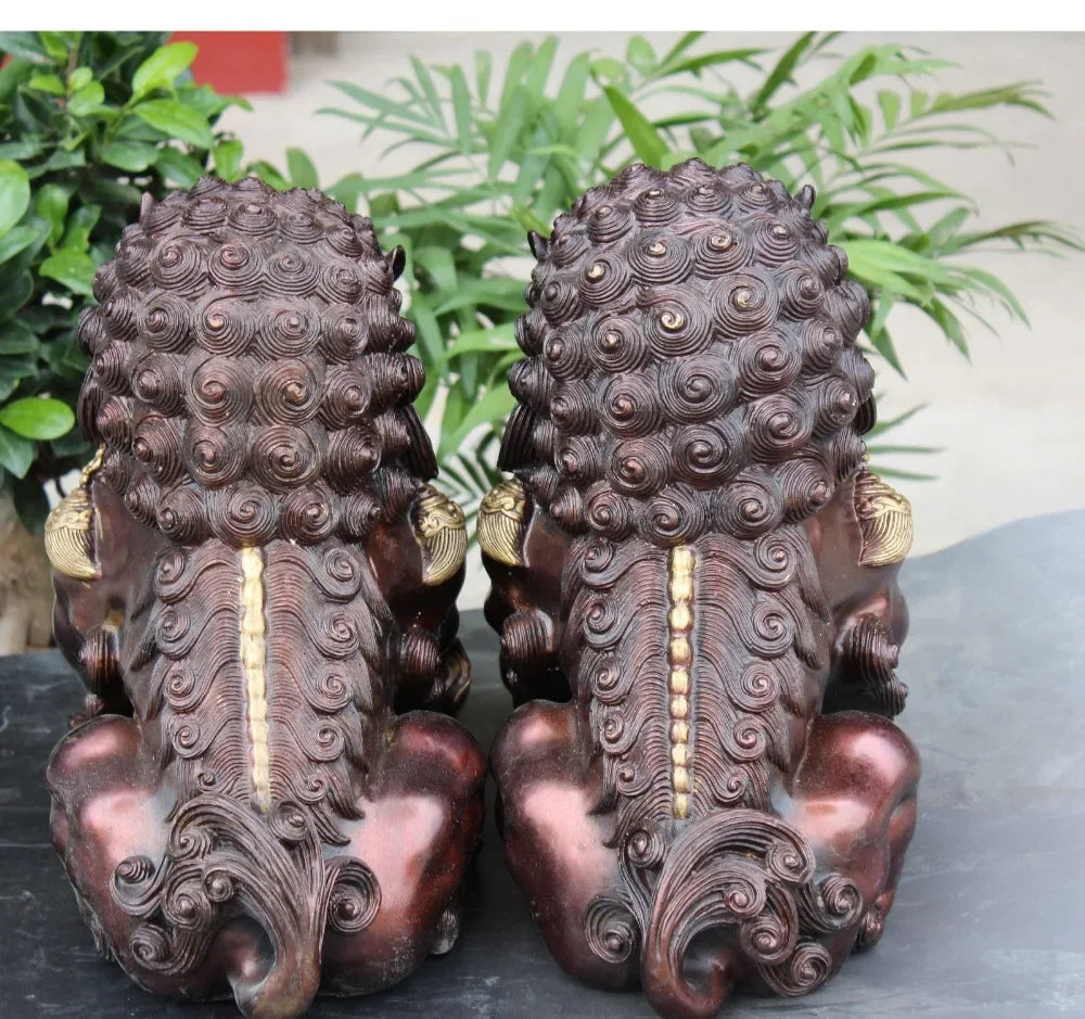 Sepasang Obat Tua 12 "Chinese Gilt Guardian Foo Fu Anjing Tahan Bola Pintu Lion Kid Patung 2Pcs dekorasi Taman