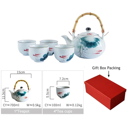Set of Ceramic Goldfish Tea Pot Tea Cup Water Cup Lotus Design Tea Kettle Teaware Set (4 cups+1 teapot)