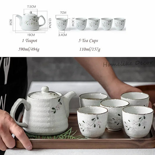 Set of Japanese Ceramic Sakura Tea Pot Tea Cup Water Cup Cherry Blossom Porcelain Kettle Teaware Set (5 cups+1 teapot)