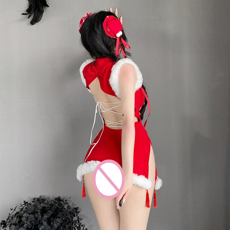 Sexy Women Red Velours Chi-pao Christmas Backless Sheath Dress Sweet Roleplay Bodysuit Clubwear
