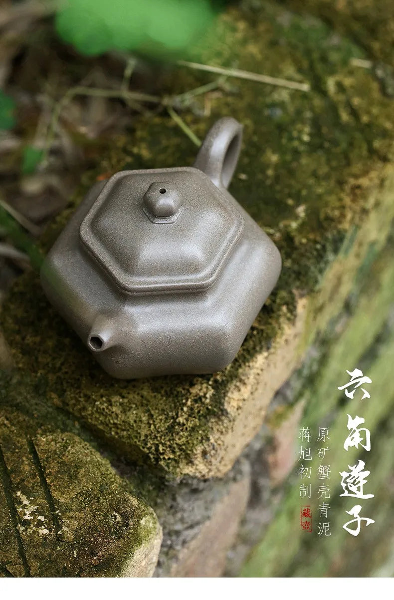 Zanghutianxia Yixing Famous Teapot Handmade Teapot Single Teapot Tea Set Raw Ore Crabshell Green Handmade Hexagonal Lotus Seed H
