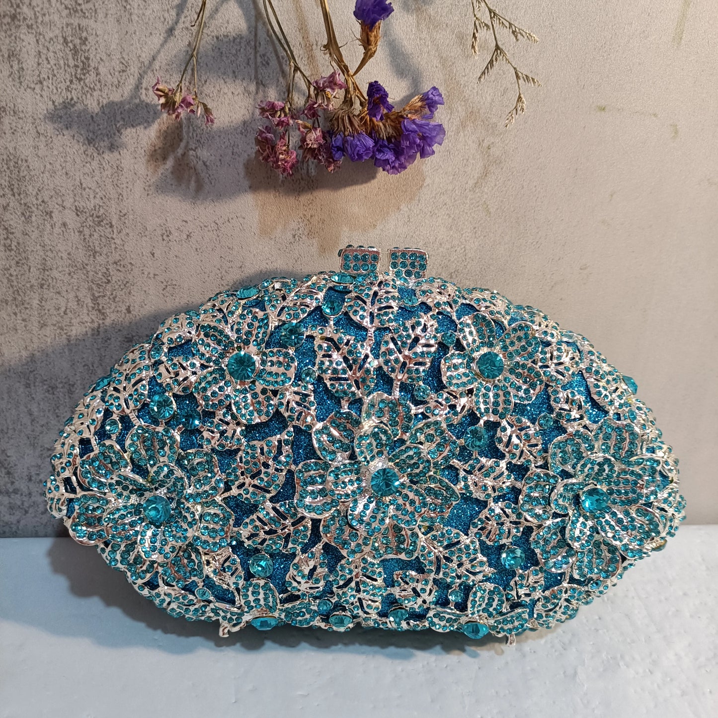 Blue Flower Shinny Crystal Floral Purse Woman Formal Dinner Bling Diamond Gala Evening Bag Wedding Bridal Party Gift Handbag