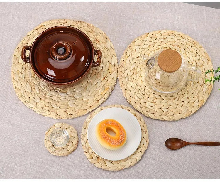 Natural Handmade Straw Woven Placemat, Round Braided Placemat, Table Mat, 4Pcs
