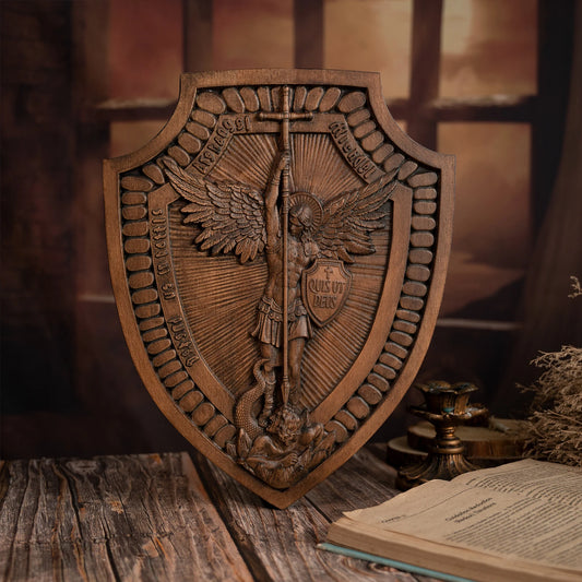 Shield Archangel Michael Family Church Wall Hanging Religious Statue Wood Carving St. Michael Christian Home Decor