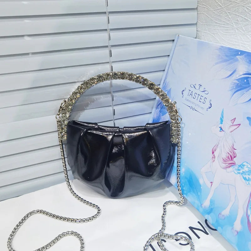 Shiny Crystal Purses Evening Handbag Luxury Designer Rhinestones Pleated Clutch Bag for Women with Zipper Shoulder Bags Party