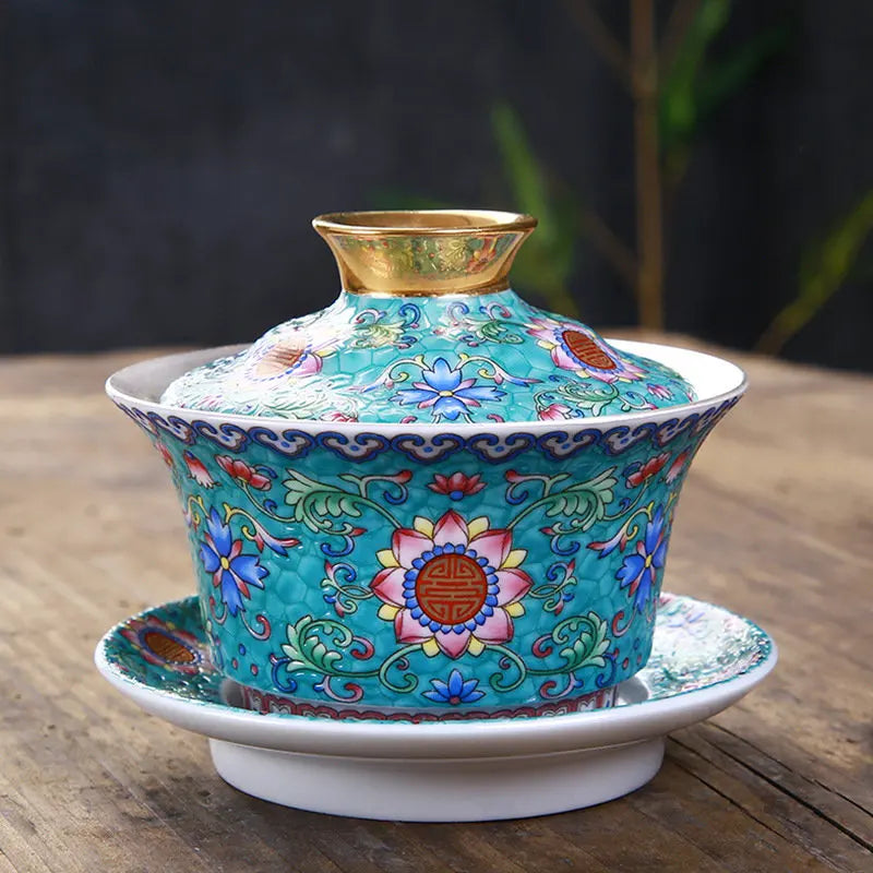 Silver Gaiwan porcelain cup bowl set hand made peony flower lotus ceramic tureen Chinese kungfu tea set gaiwan cup saucer lid