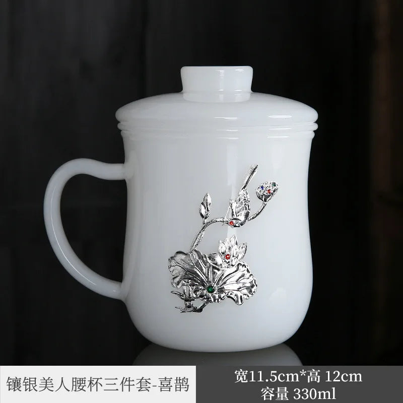 Silver Plated Cup White Porcelain Jade Porcelain Mug Couple Drinking Cups Household Glass Master Cup Personal Cup Men's and Wo