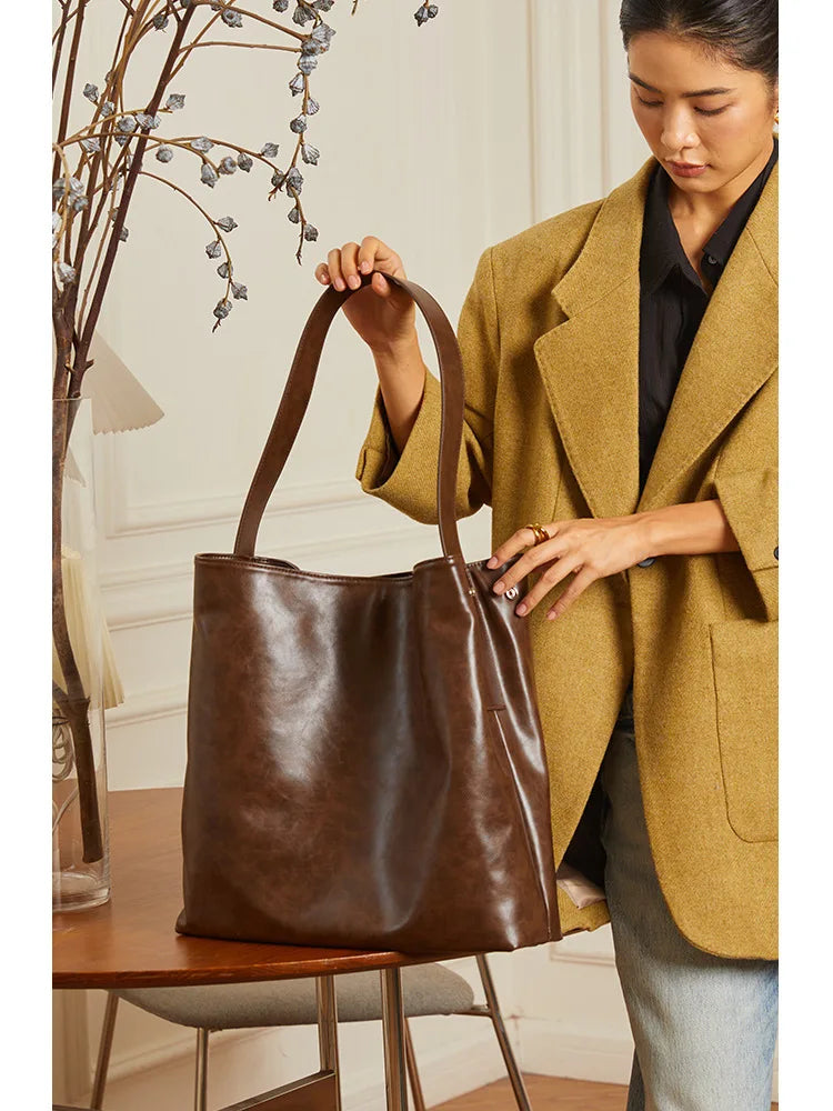 Simple Large Capacity Commuter Bucket Bag High Quality Luxury Genuine Leather Tote Handbags Female Solid Color All-match Bolsos