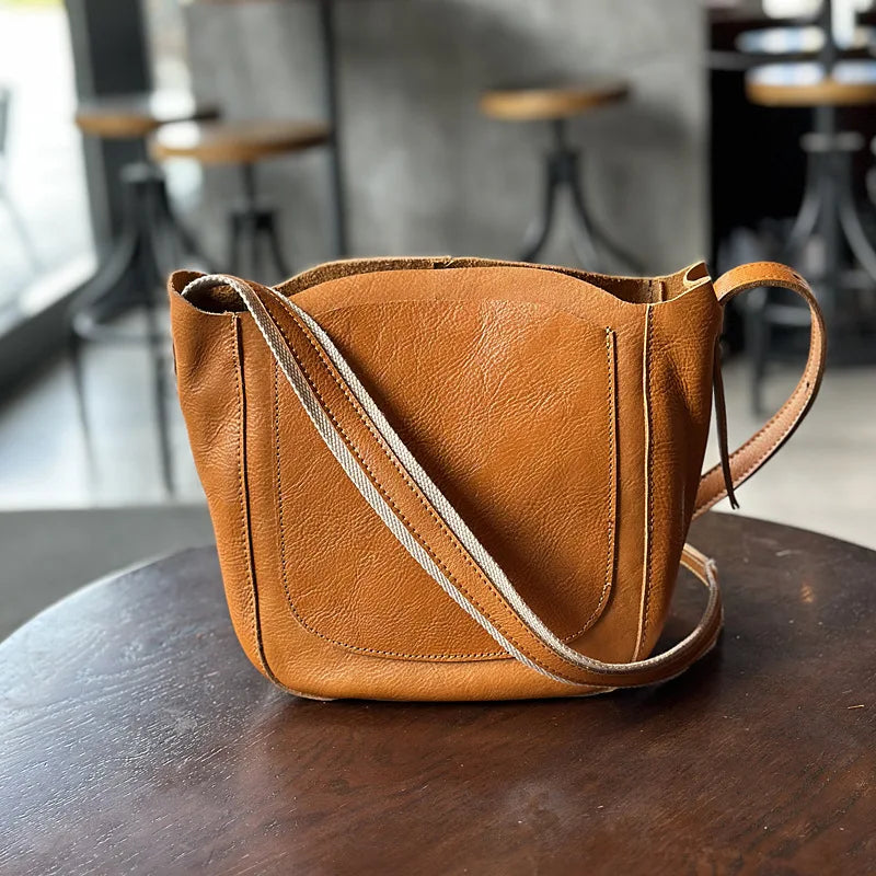 Soft Cowhide Crossbody Bag Women Japanese Simple Vintage Large Capacity Single Shoulder Handbagsall-match Large Capacity Purses