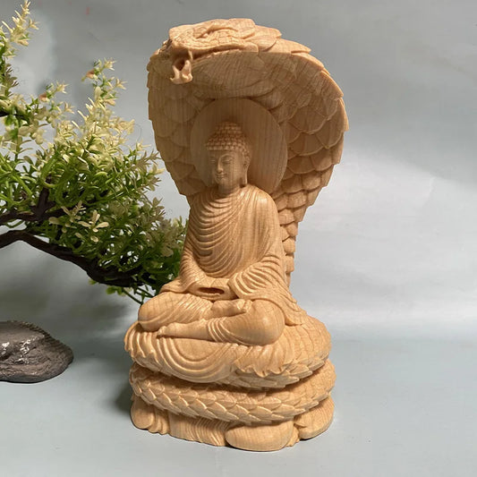 Solid Wood Carving Sakyamuni Python Tathagata Figurine, Creative Aesthetic Home Decor Feng Shui Buddha Statue Ornaments 12cm