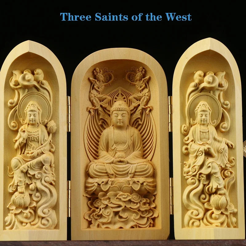 Solid Wood Carving Three Open Buddha Decorative Statue Modern Art Sculpture Collapsible Home Living Room Bedroom Decoration