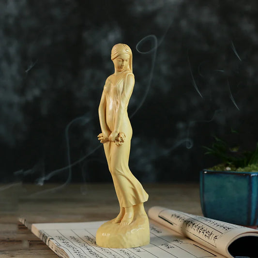 Solid wood Goddess decorative Figures Statue,Pastoral Girl in Flower Season Cute Home Room Office Art ornaments Free delivery