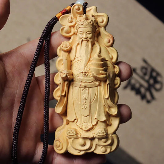 Solid wood carving God of Wealth pendant,Traditional hand carving,Wooden Home car Decorative statue,Gift souvenirs