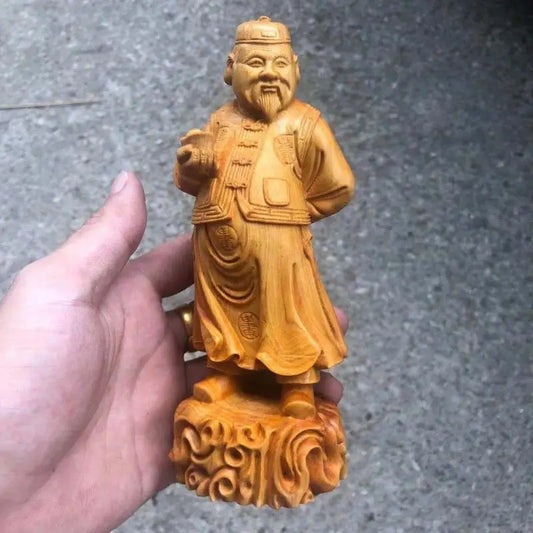Solid wood carving- Landlord God of Wealth Statue,Traditional hand-carved ,Home Living Room Bedroom Cute Character Decoration