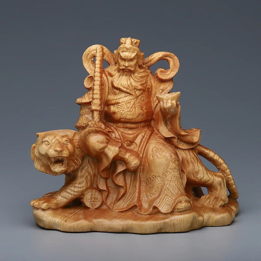 Solid wood carving Zhao Gongming Riding a Tiger Statue,Hand-carved,God of Wealth Decoration Home Living Room Feng Shui Statue