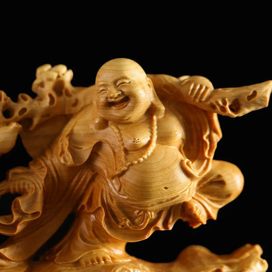 Solid wood cloth bag smiling Buddha statue modern art sculpture, Home Decoration God of Wealth Smiley Buddha Statue souvenir