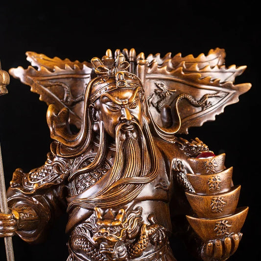 Statue of the God of Wealth, Guan Gong Kowloon,Resin Imitation wood grain God of War Guan Yu Home room loft office lucky statue