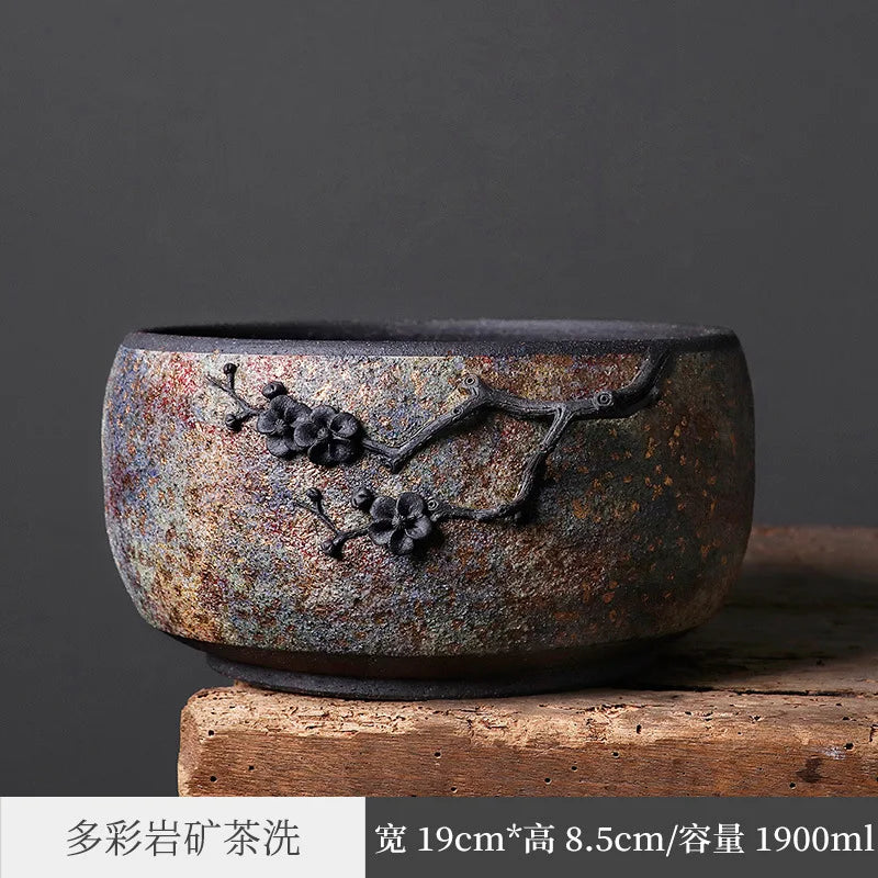 Stoneware Tea Basin Vintage Rock Mine Ceramic Cup Wash Hydroponic Flowerpot Tea Residue Barrel Writing-Brush Washer Kombucha A