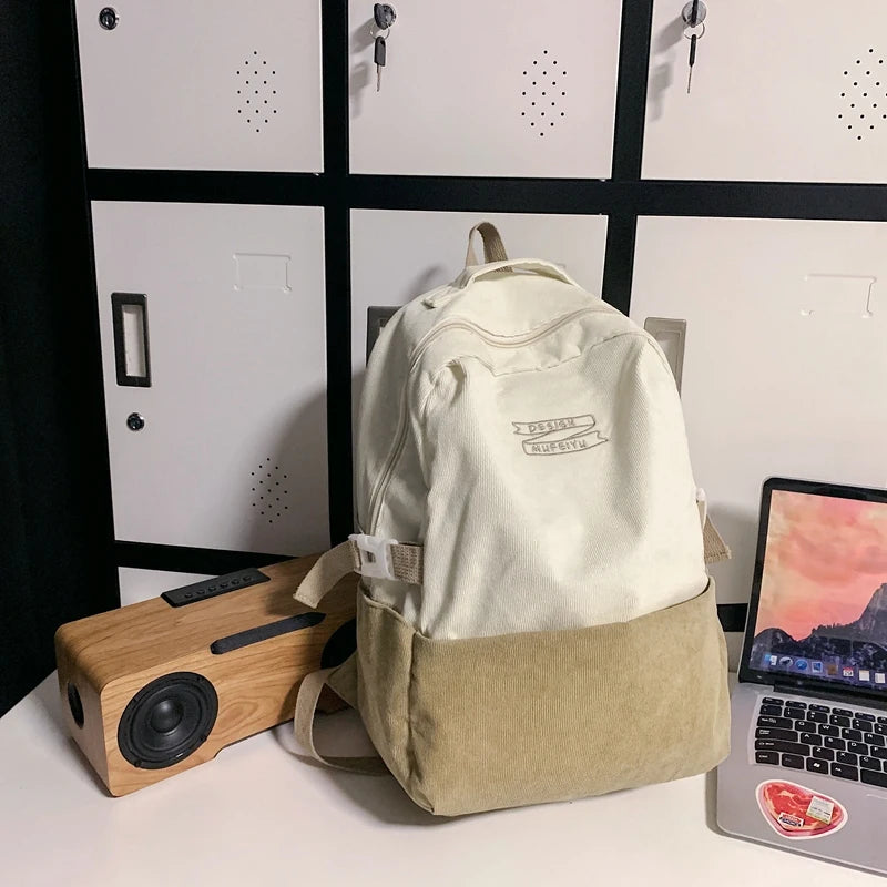 Stripe Cute Corduroy Woman Backpack Schoolbag For Teenage Girls Boys 2023 Harajuku Female Casual Bag Student Lady Book Pack