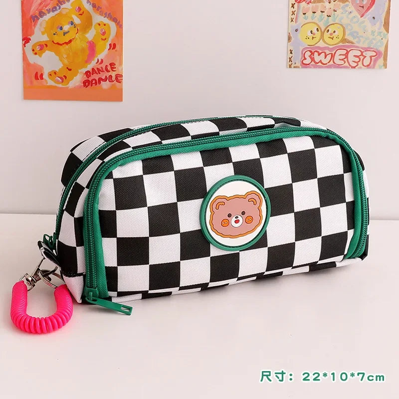 Student Pen Bag Double Zipper Design Large Capacity Stationery Box Checkerboard Cute Bear Marker Bag Pencil Bag