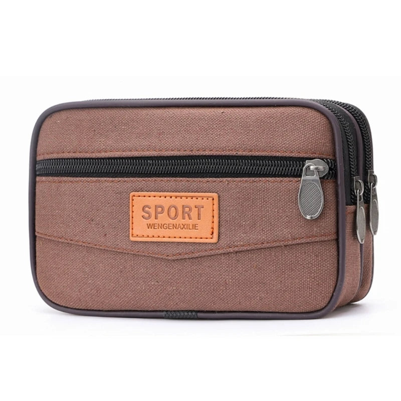 Stylish Canvas Mobile Phone Bag for Men Belt Handbag with Large Capacity and Layered Zipper Closure
