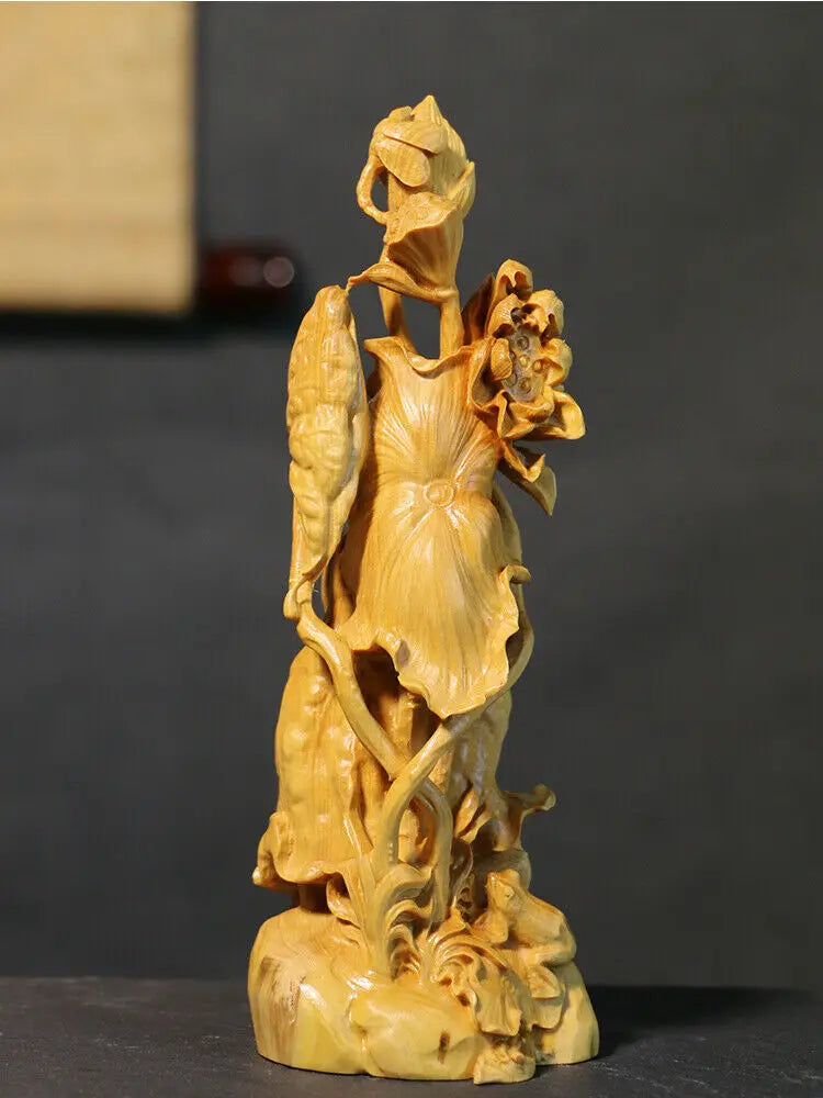 TJ171ca - 18*6.5*5.8 CM Carved Boxwood Carving Fugurine : Frog and Lotus