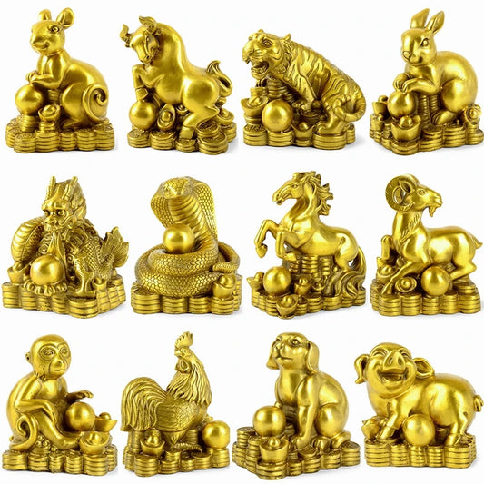 TOP COOL Asia home propitious Ornament The 12 Chinese Zodiacs cow tiger dragon snake horse monkey dog FENG SHUI brass statue