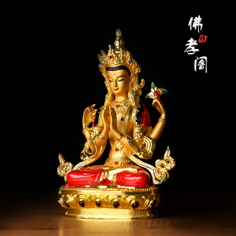 TOP GOOD Bless Safe good luck Protection-Buddha gilding 14.5CM Shadakshari Avalokitesvara Buddha statue