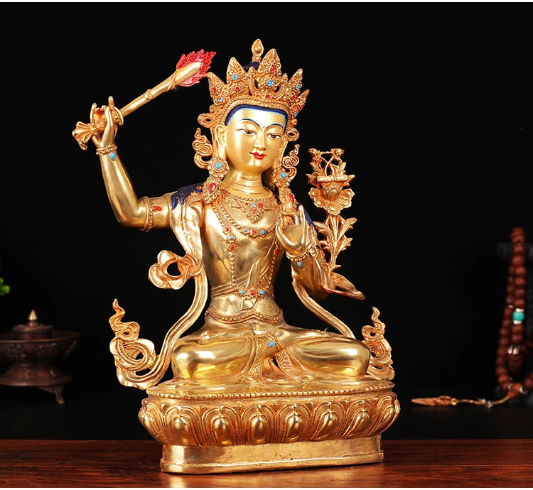 TOP GOOD Wholesale Buddhist supplies # Protection -13 inch Buddhism gilding Bodhisattva Manjusri Buddha statue #33CM