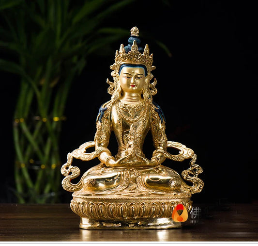 TOP GOOD buddha statue wholesale # 21cm # HOME family Talisman # Buddhism full Gilding gold Amitayus Buddha brass statue