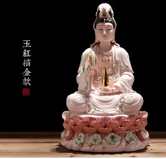 TOP GOOD # high-grade home family Talisman FENG SHUI Mascot Guanyin Buddha Porcelain jade carving Sculpture statue 30cm