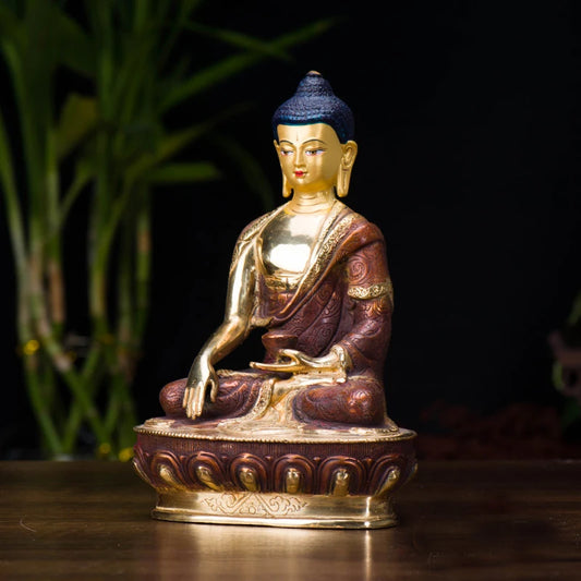 TOP GOOD wholesale buddha statue # 8 inch tall --HOME family Talisman # Tibet hand-painted Gilding the Buddha brass statue