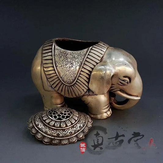 TOP collection # Home OFFICE Decor COOL art -old Vintage silver Elephant sculpture silver plating censer burner ART statue
