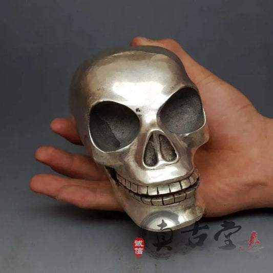 TOP collection # Home OFFICE Decor COOL art -old Vintage silver skull sculpture silver plating ART statue