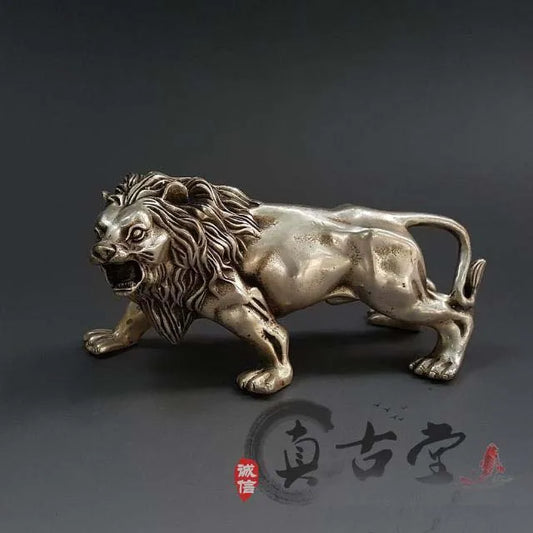TOP collection # Home OFFICE Decor art -old Vintage CHINA silver LION sculpture silver plating statue