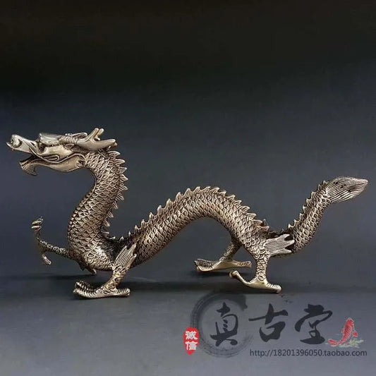 TOP collection # Home OFFICE Decor art -old Vintage CHINA silver large dragon sculpture silver plating statue