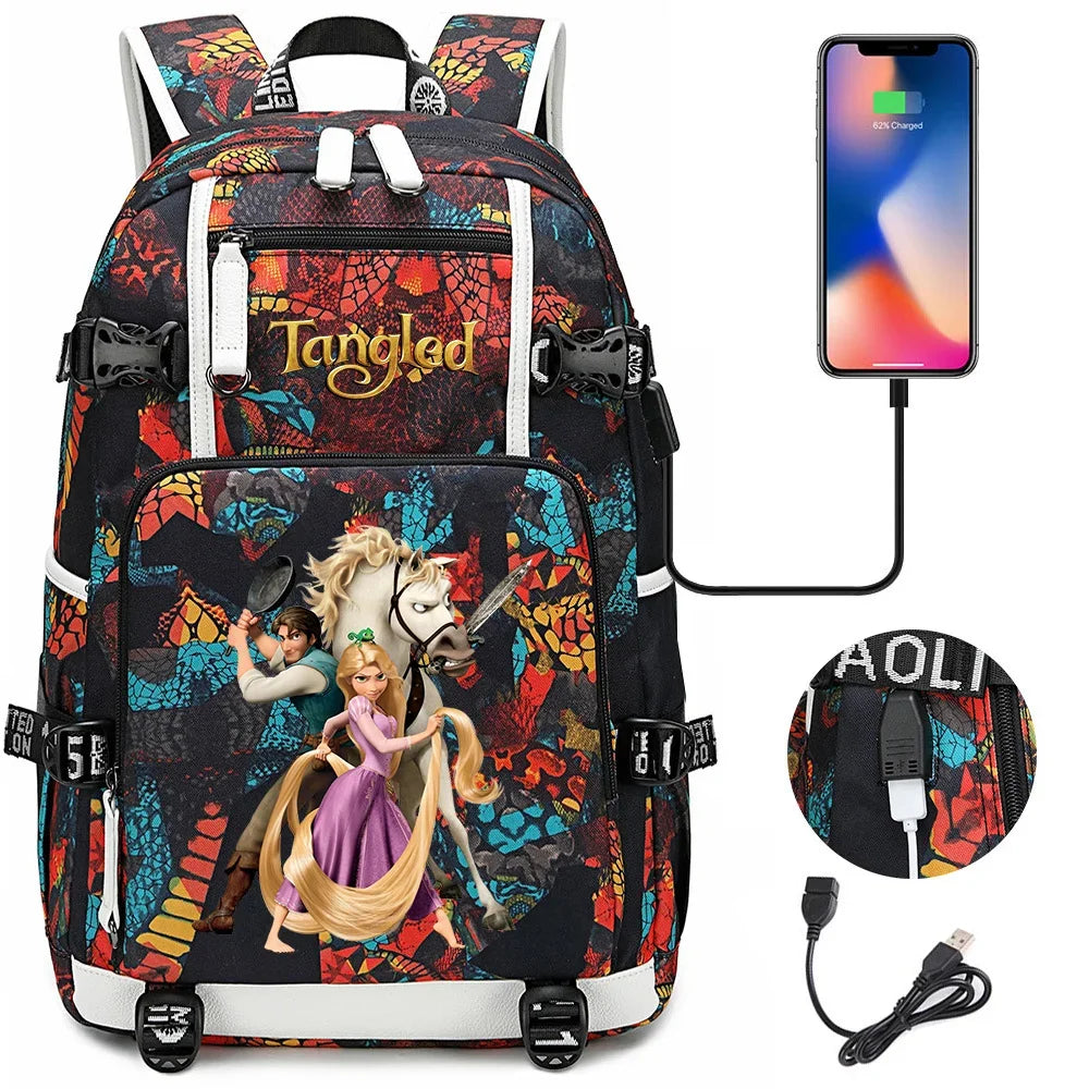 Tangled Rapunzel Princess Backpacks Schoolbag Large Capacity Laptop Bag Waterproof Multifunction USB Charging Mochila