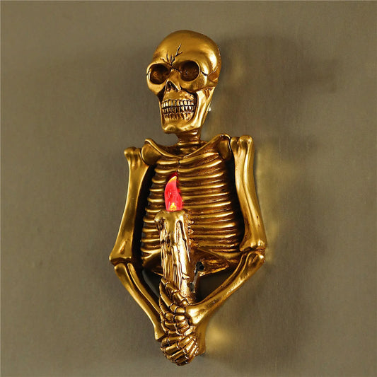 The new wall-mounted skeleton statue Flame lamp European style resin sculpture Creative Horror Home Bar Craft Statue Red light
