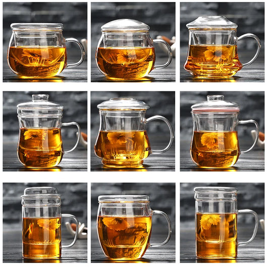 Thick Heat-resistant Glass Transparent Cover with filter flower Teacup office cup Tea water Separation filter Tea cup