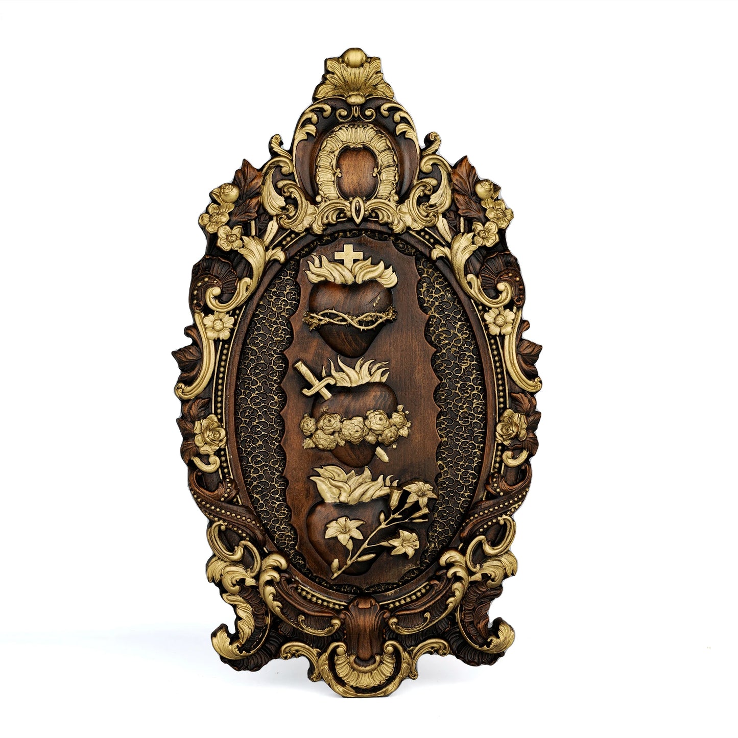 Three Sacred Hearts of the Holy Family, Christian wall hanging, Catholic ornament, religious wooden Christmas decoration