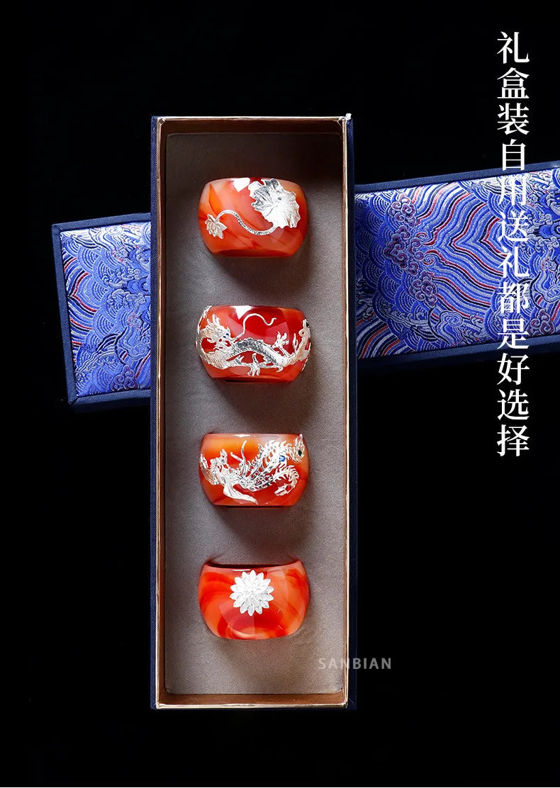 Three Times Agate Jade Porcelain Tea Cup Silver Plated Glaze Master Cup Tea Cup Jade Single Tea Cup Kung Fu Tea Set