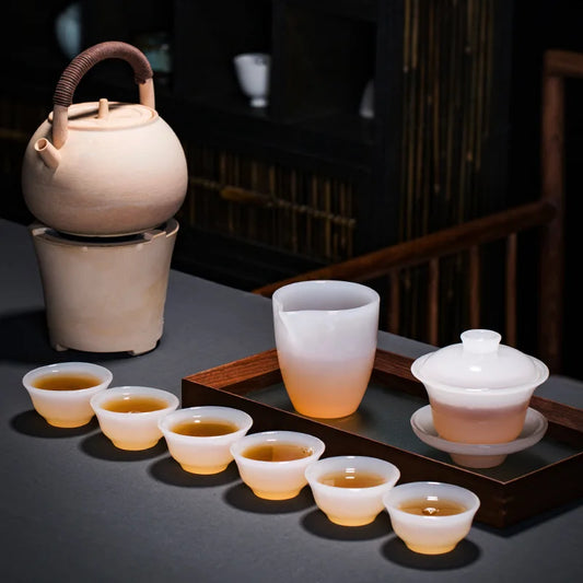 Three Times Jade Porcelain Tea Set Cover Teacup Pitcher Large White Porcelain Teapot Household Complete Set Kung Fu Tea Set