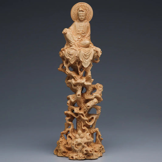 Thuja Cypress Sitting On Tree and Vine Guanyin Buddha Statue Decoration, Wooden Crafts, Living Room, Solid Wood Carving, Free