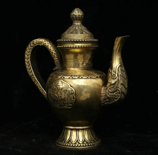 Tibet Buddhism Brass Bronze Beast 8 Auspicious Symbol Wine Tea Pot Flagon Statue