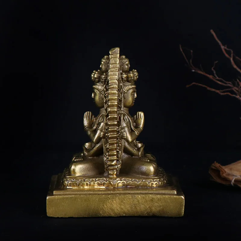 Tibet Buddhism Brass Two-sided Kwan-Yin Guan Yin Bodhisattva Buddha Statue